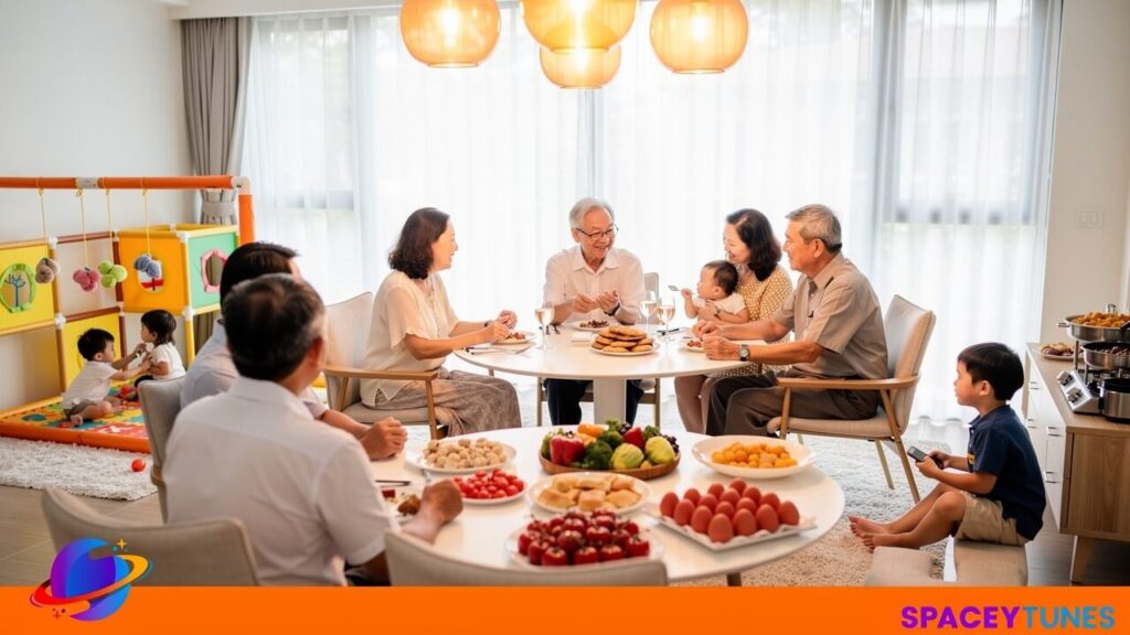 Family celebrating a baby full-month gathering in a private function room with comfortable seating.
