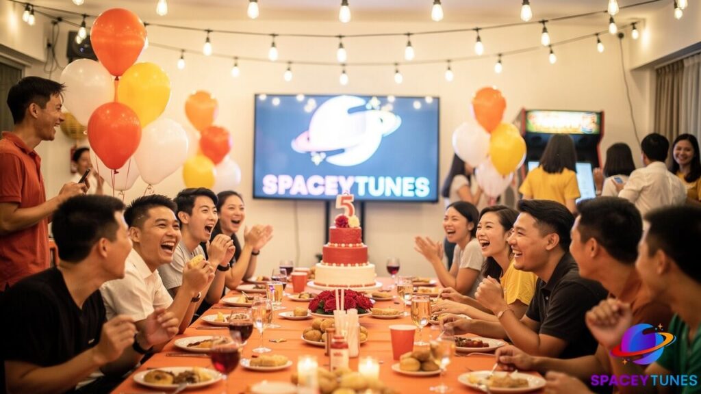 Guests celebrating a birthday party with karaoke, dining and entertainment at SpaceyTunes.