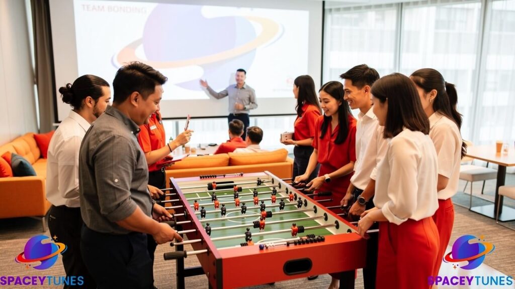 Employees enjoying team bonding activities with table football and presentation facilities.