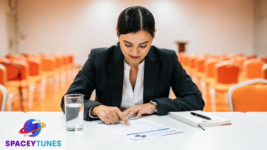 Event organiser reviewing fair event space rental Singapore agreement.