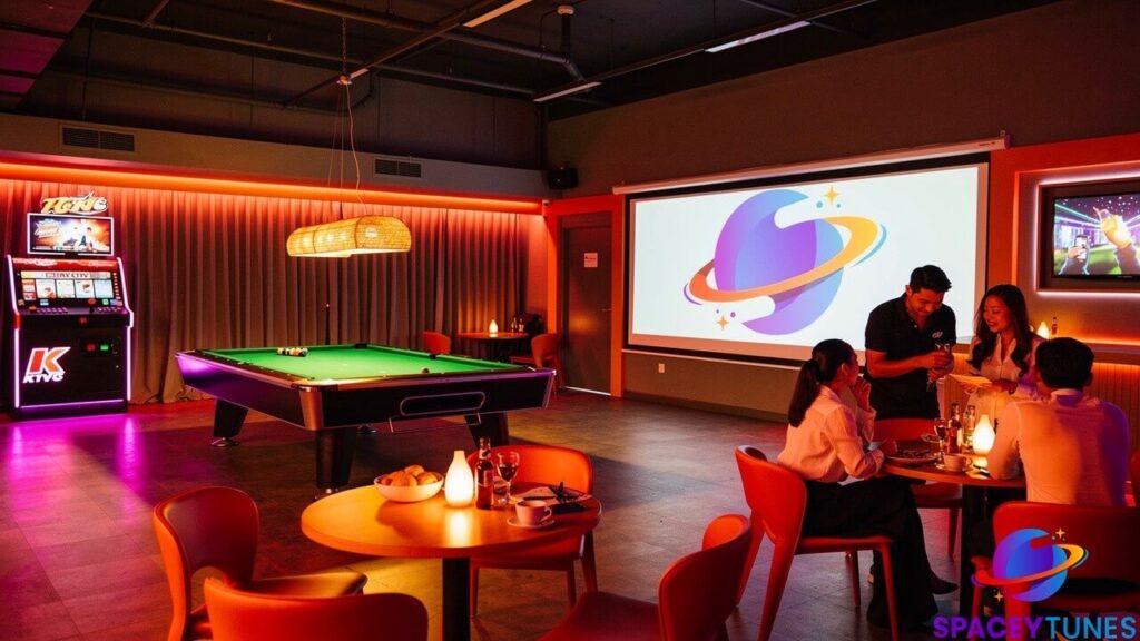 SpaceyTunes event space rental Singapore with pool table arcade and theatre screen.