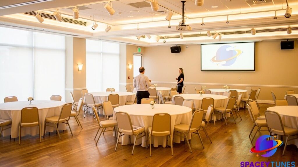 Modern event space in Singapore with flexible seating, projector screen and AV setup.